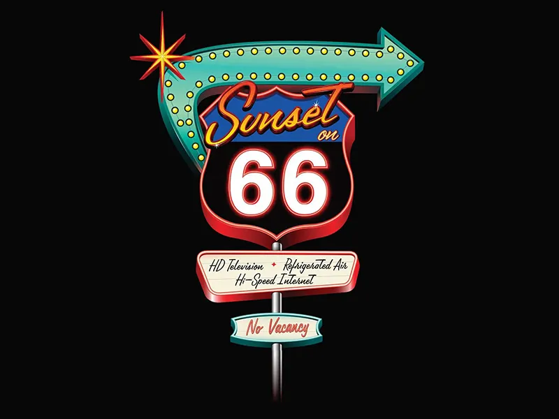 Sunset on 66 Motel 1950s retro style sign illustration