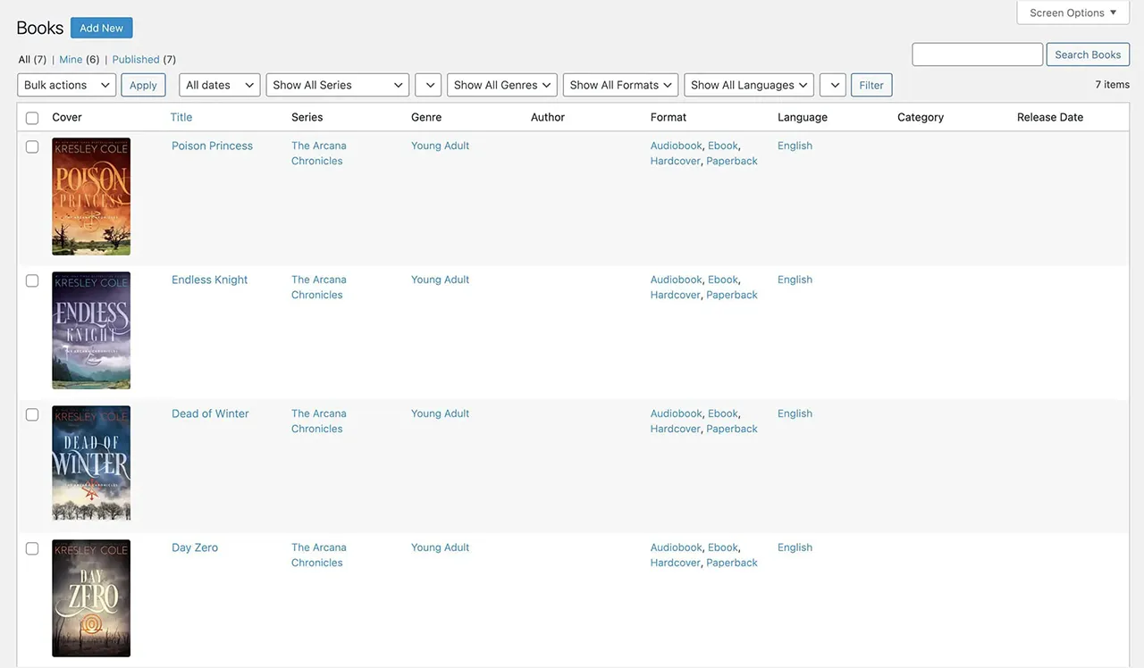 Kresley Cole website admin settings page