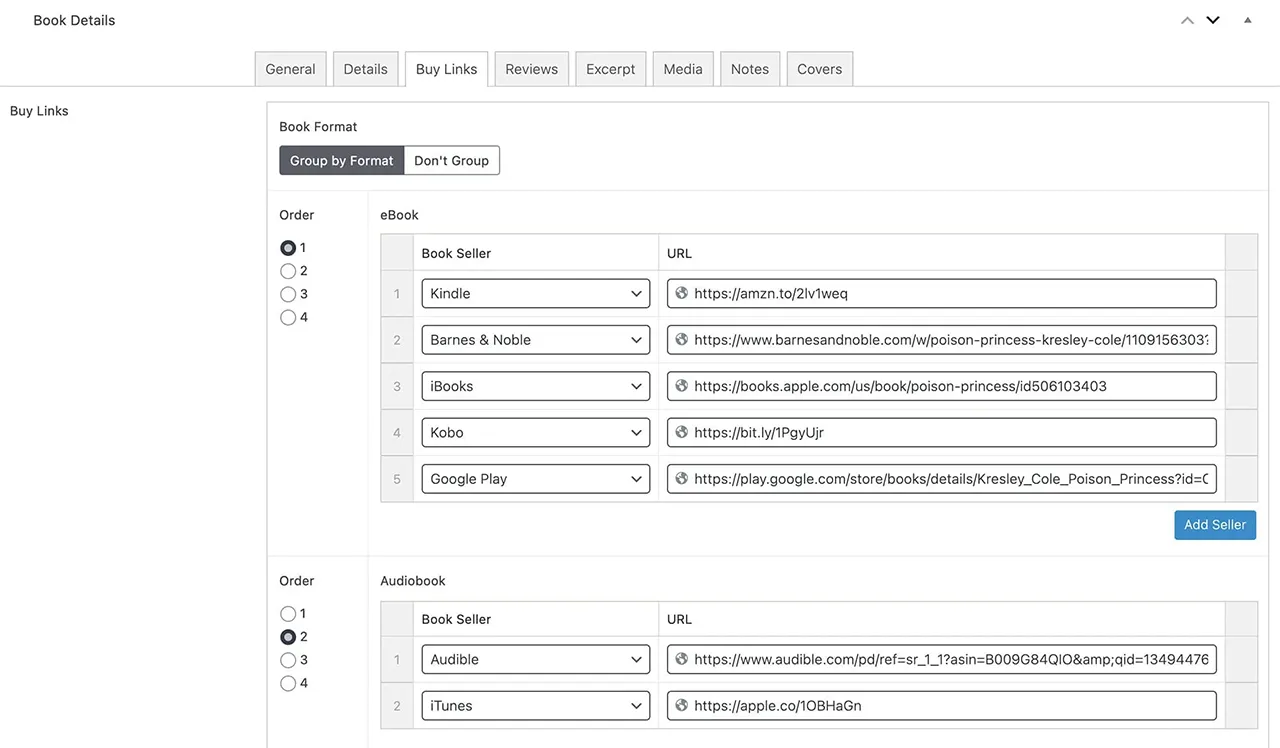 Kresley Cole website admin settings page