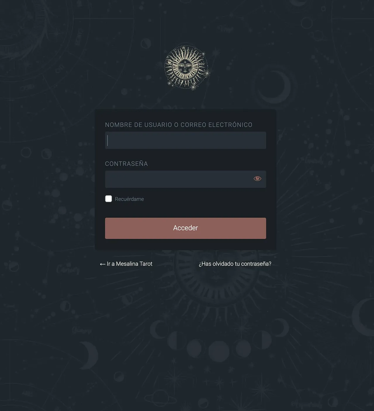 Mesalina Tarot website login page